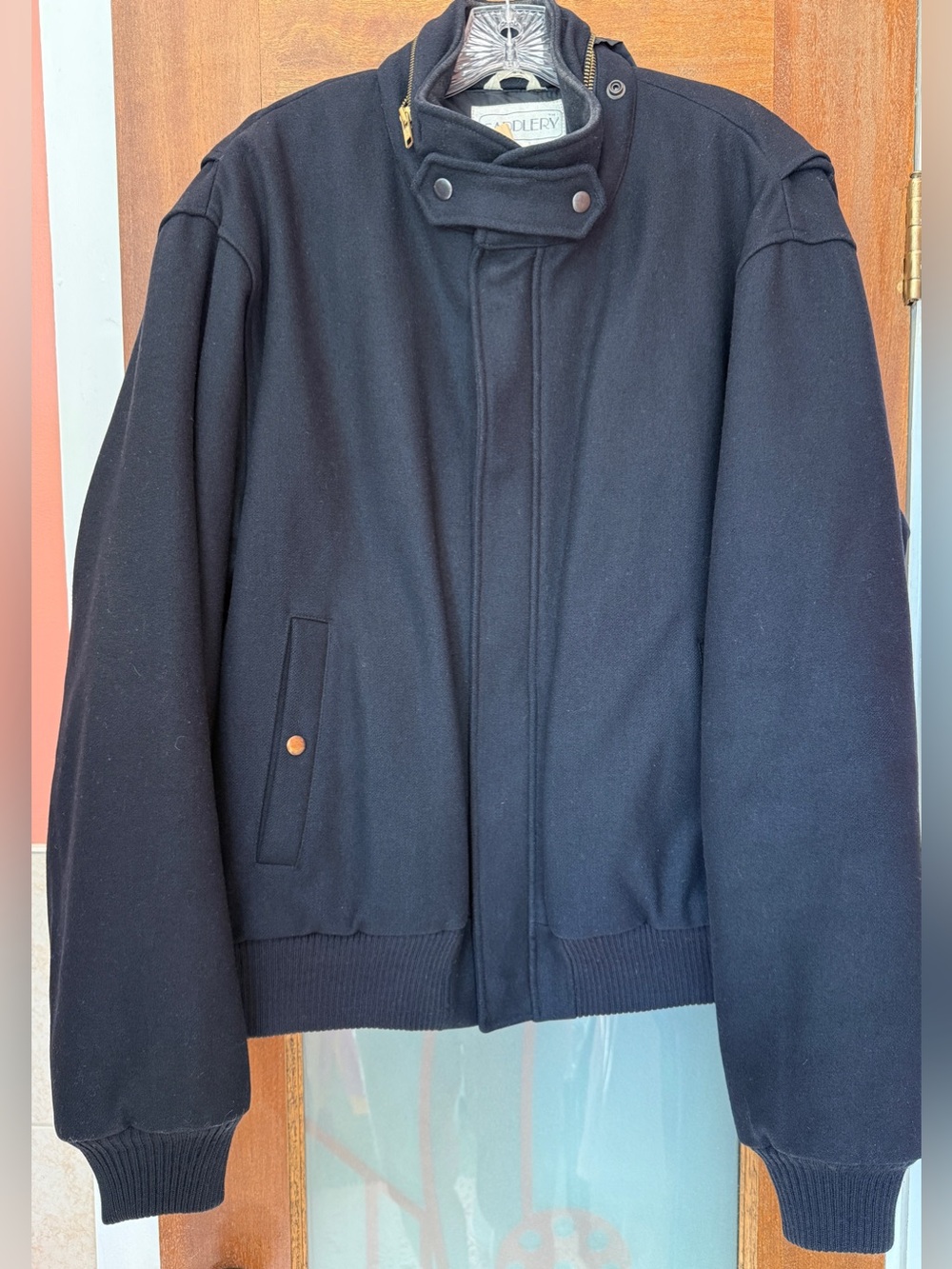 Saddlery Black Wool Vintage Bomber Jacket Harrington Flight Coat w hood